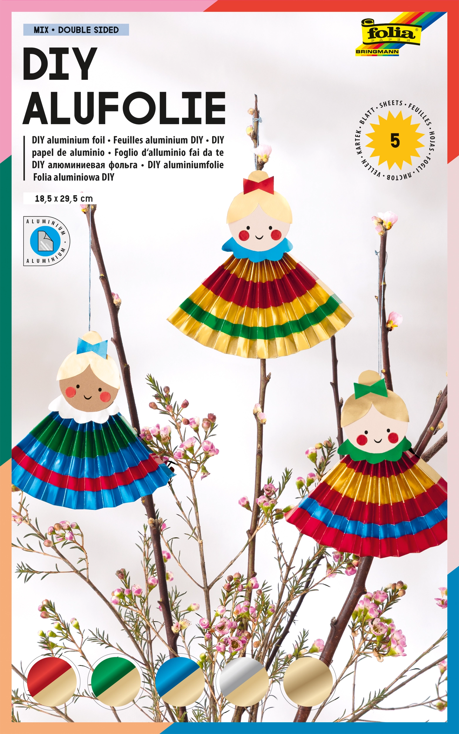 DIY Alufolie, Beidseitig, 5 Farben Sortiert, 18,5 x 29,5 cm, 5 Blatt, 1 Mappe