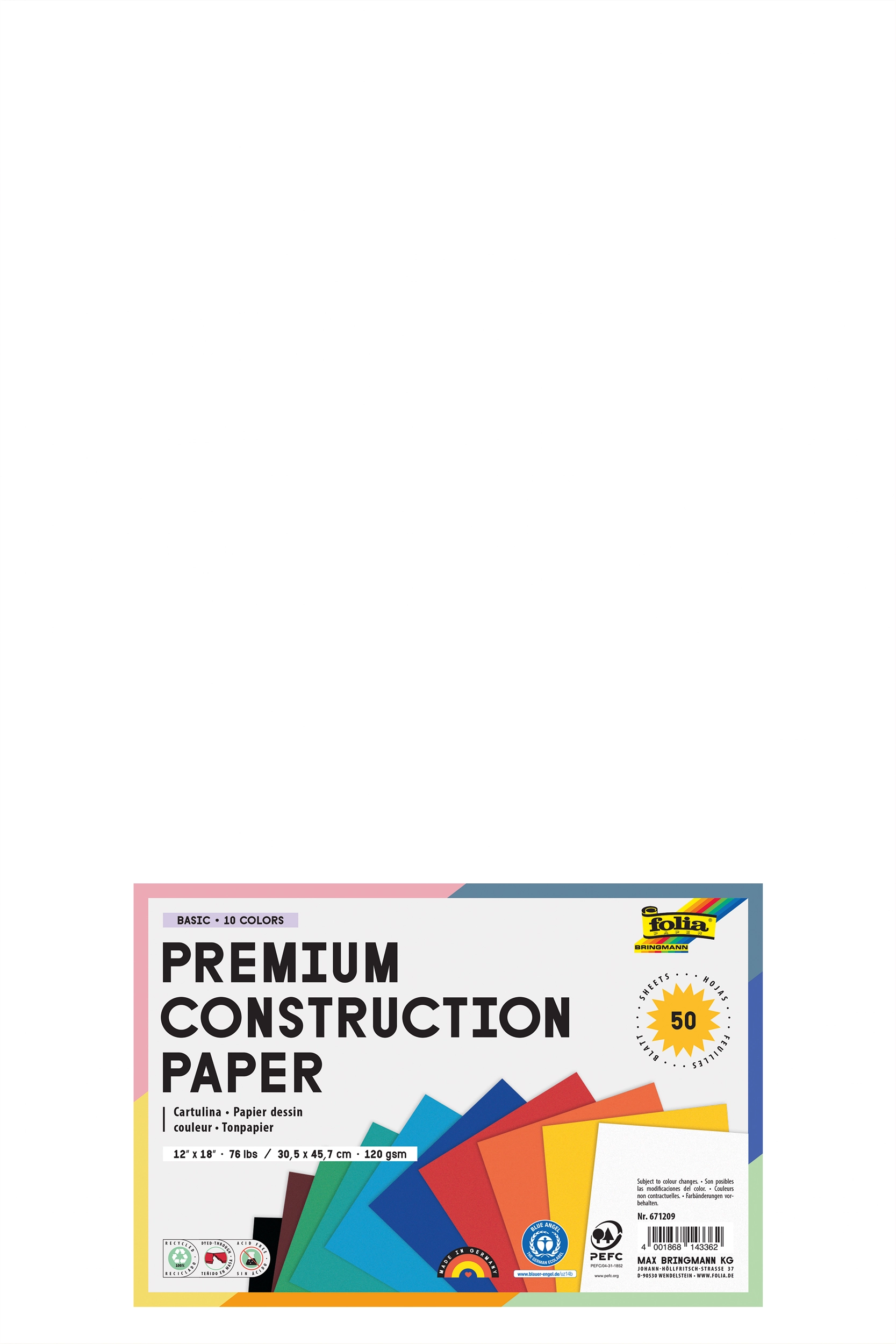 Tonpapier, Basic, 10 Farben, 30,5 x 45,7 cm, 120 g/m², 50 Blatt