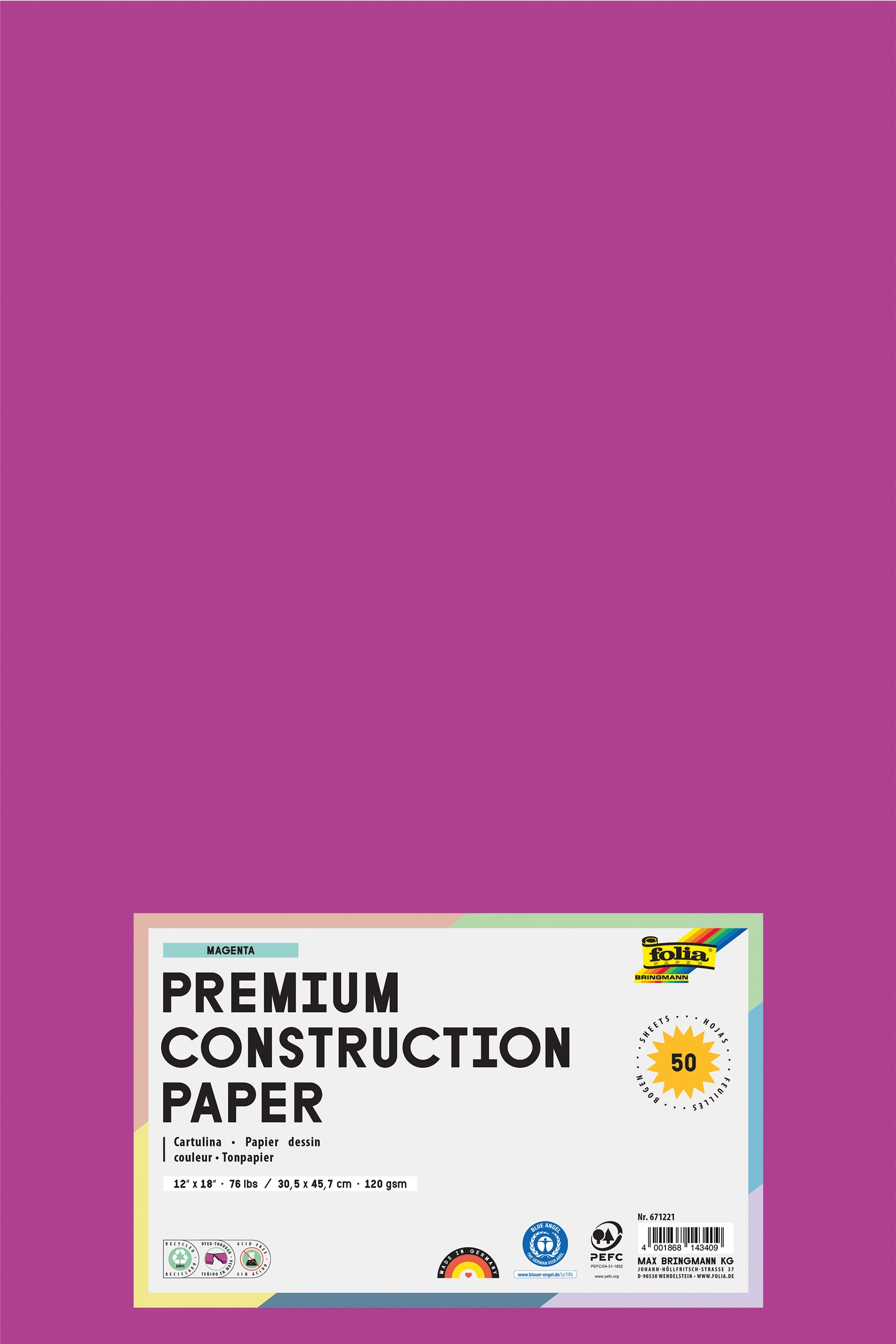 Tonpapier, Eosin, 30,5 x 45,7 cm, 120 g/m², 50 Blatt