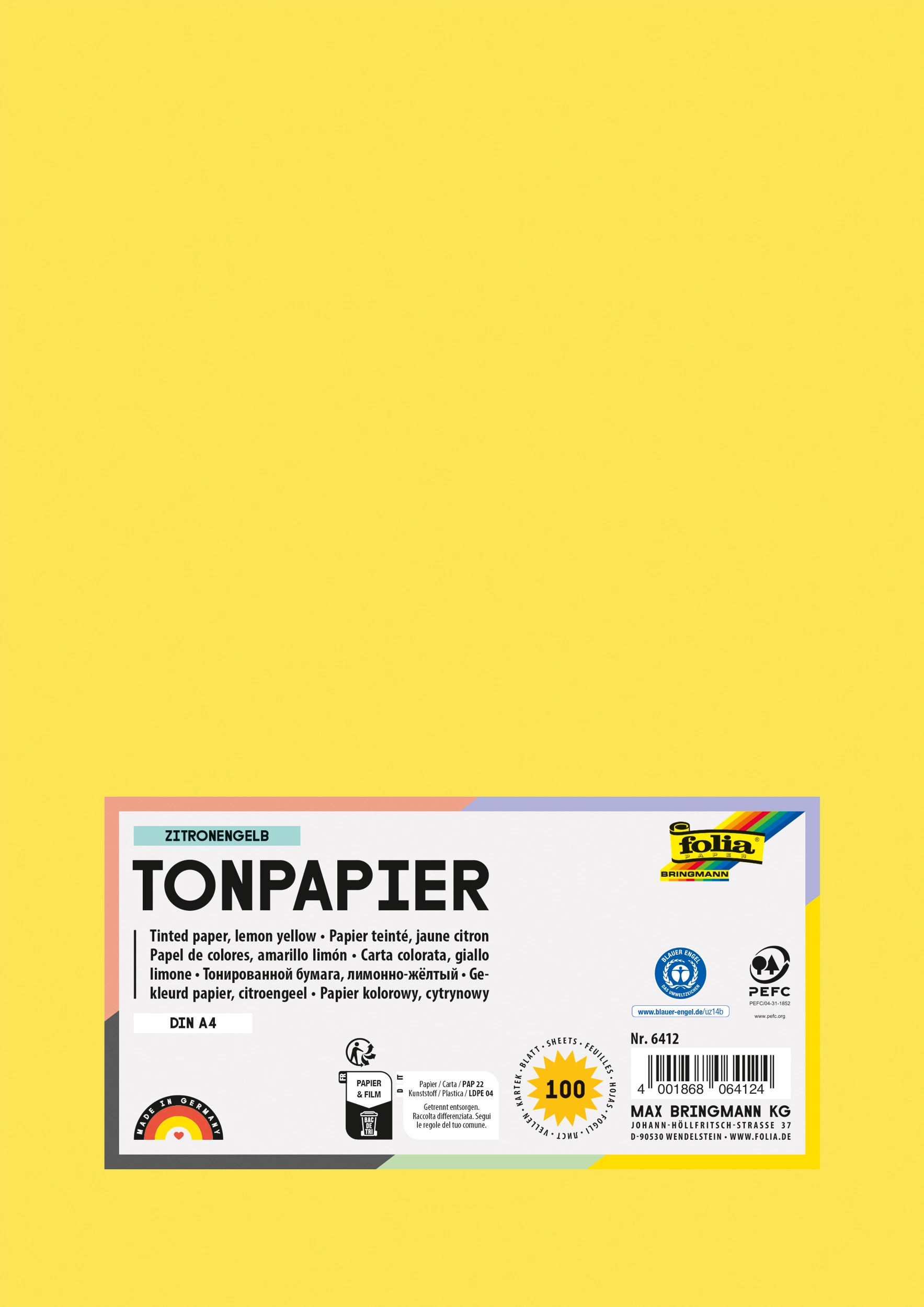 Tonpapier, Zitronengelb, DIN A4, 130 g/m², 100 Blatt