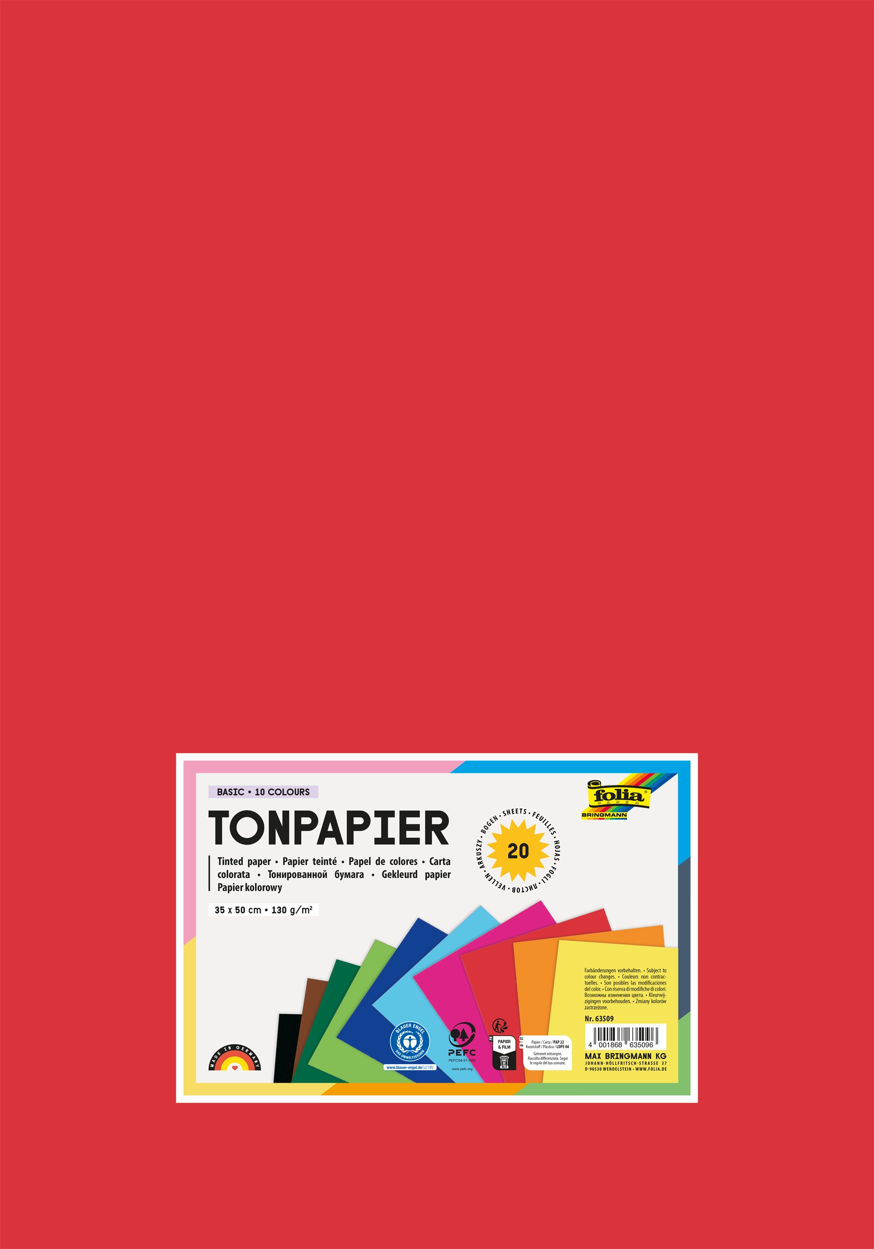 Tonpapier, Basic, 10 Farben, 35 x 50 cm, 130 g/m², 20 Blatt