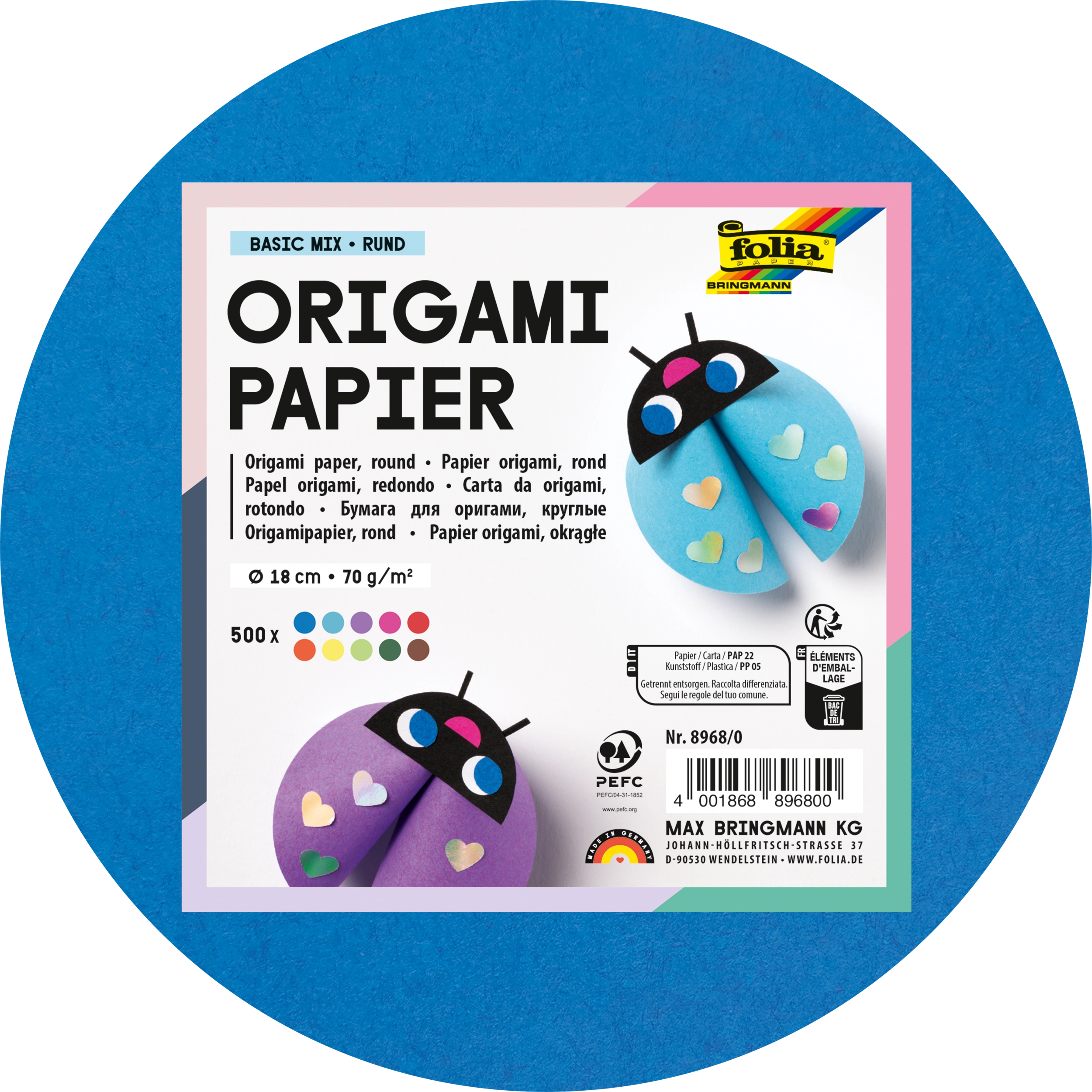 Origamipapier, Basic Mix, Rund, 70 g/m², 500 Blatt